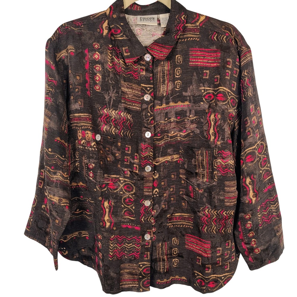 Chicos Womens SZ 2 Silk Linen Button Down Shirt Multicolor Abstract Lagenlook